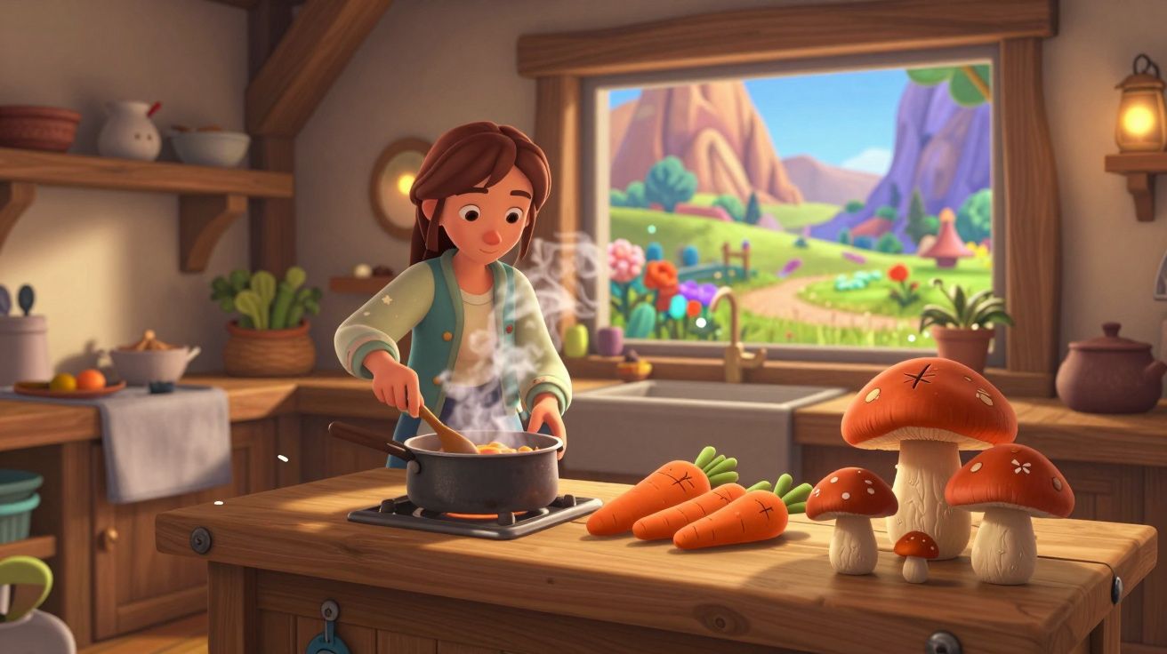 Mujer cocinando en una cocina rústica, con zanahorias y setas en la encimera, pintoresco paisaje visible por la ventana.