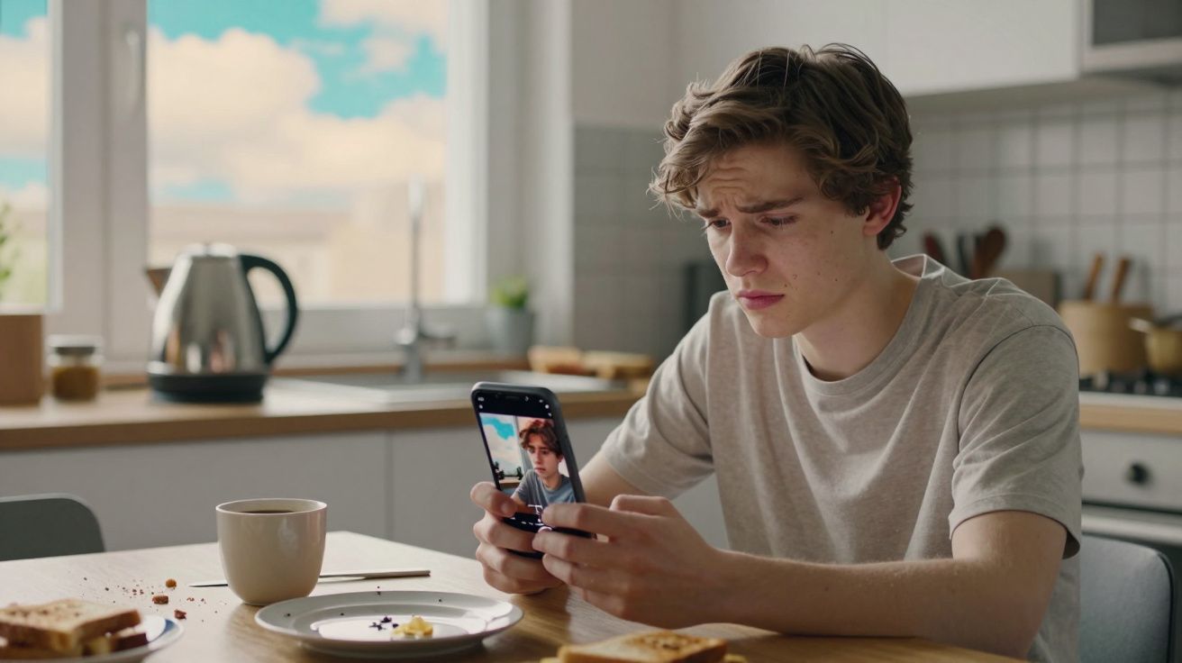 Joven en cocina mirando su teléfono con rostro preocupado, taza de café y tostadas en la mesa.
