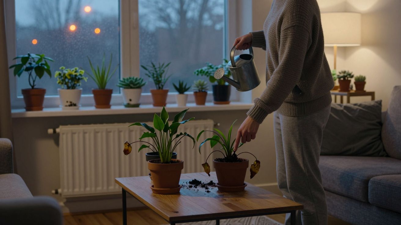 Persona regando plantas en macetas sobre una mesa de madera cerca de la ventana en una sala de estar acogedora.