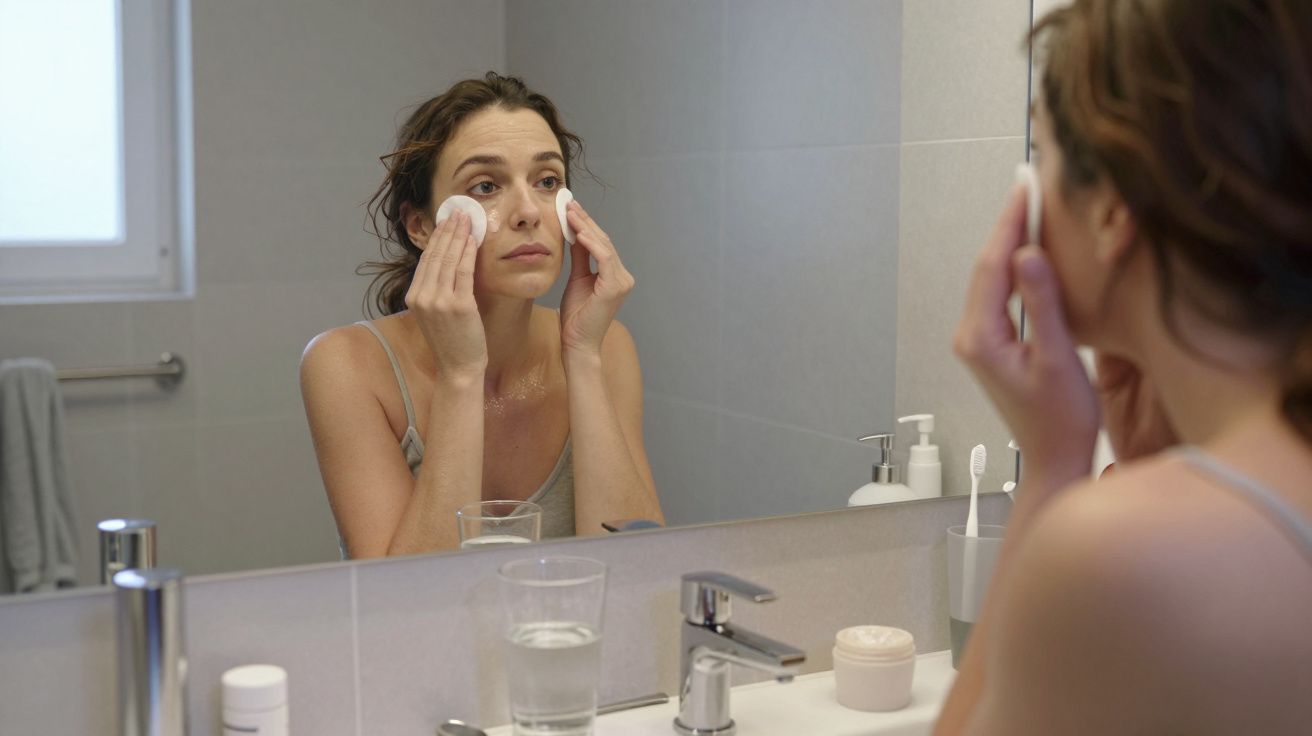 Mujer limpiando su rostro con algodones frente al espejo en el baño.