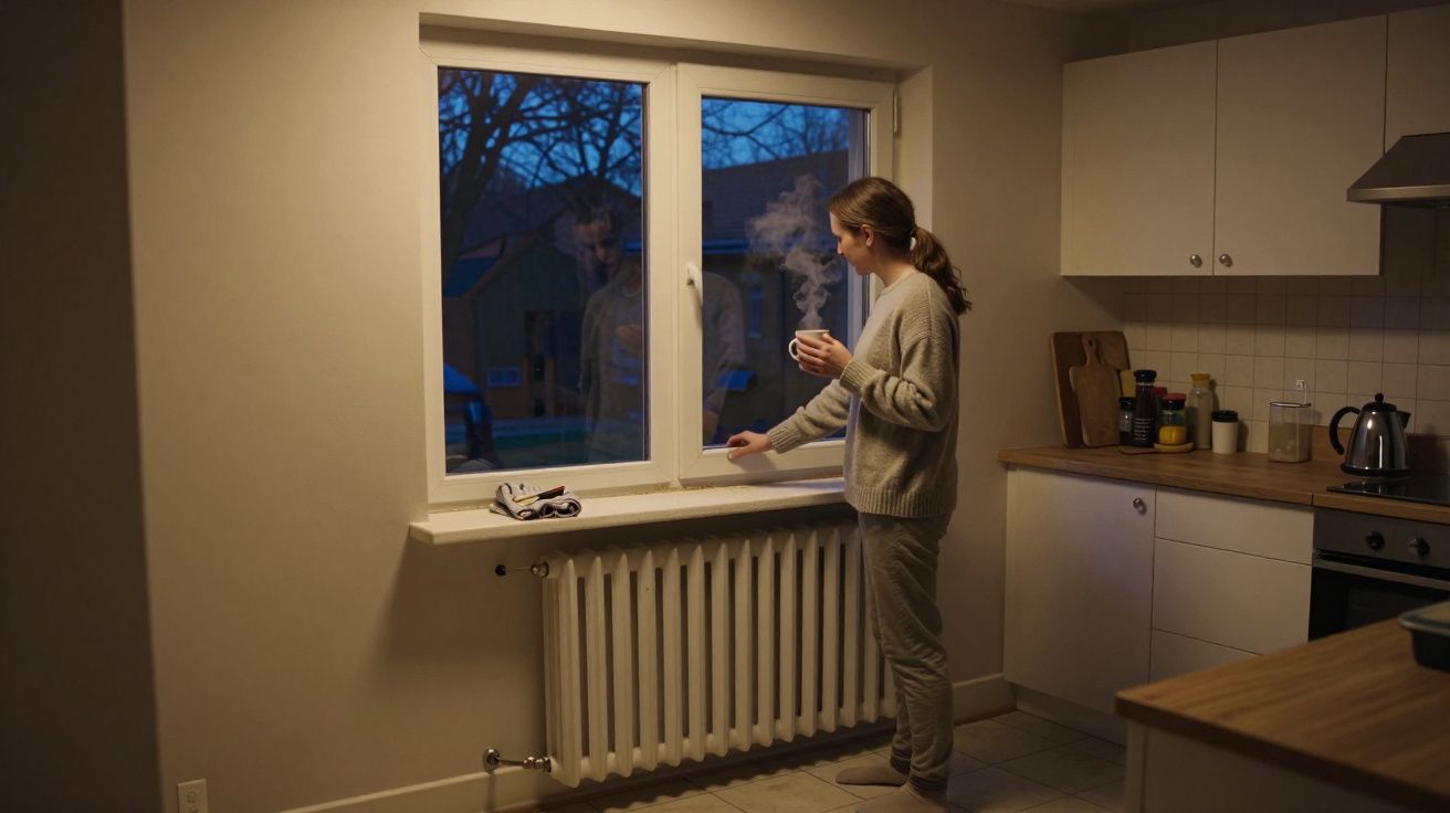 Mujer con pijama sostiene taza humeante, mirando por la ventana en una cocina iluminada al anochecer.