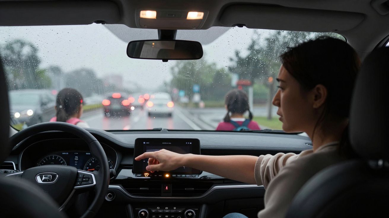 Mujer en coche, usando la pantalla táctil, mientras llueve afuera y niños cruzan la calle.