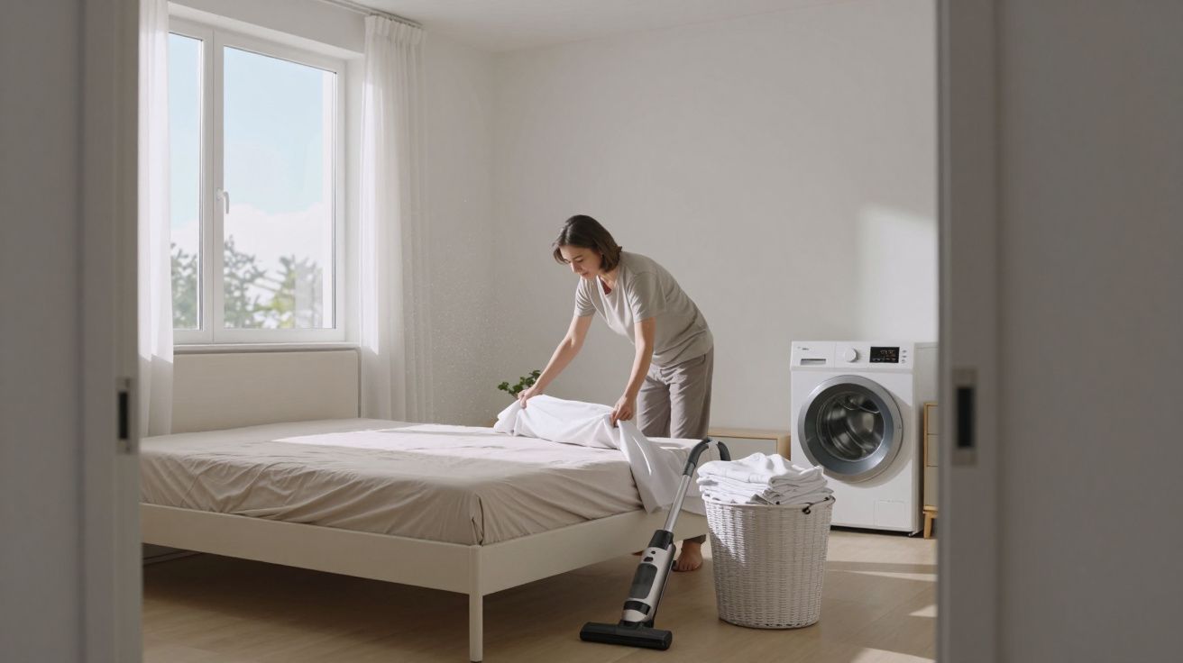 Mujer haciendo la cama en un dormitorio luminoso con aspiradora y cesta de ropa cerca.