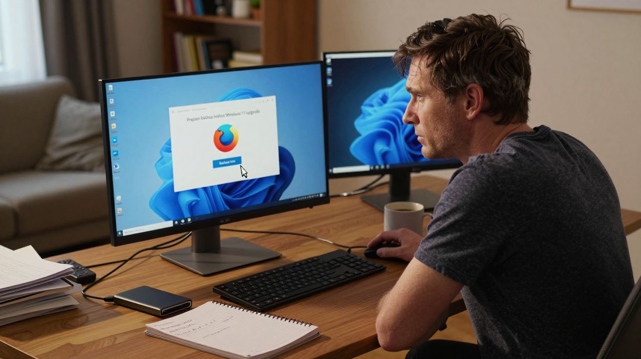 Hombre usando ordenador de escritorio con dos monitores en una oficina en casa, ventana de instalación de Firefox en pantalla