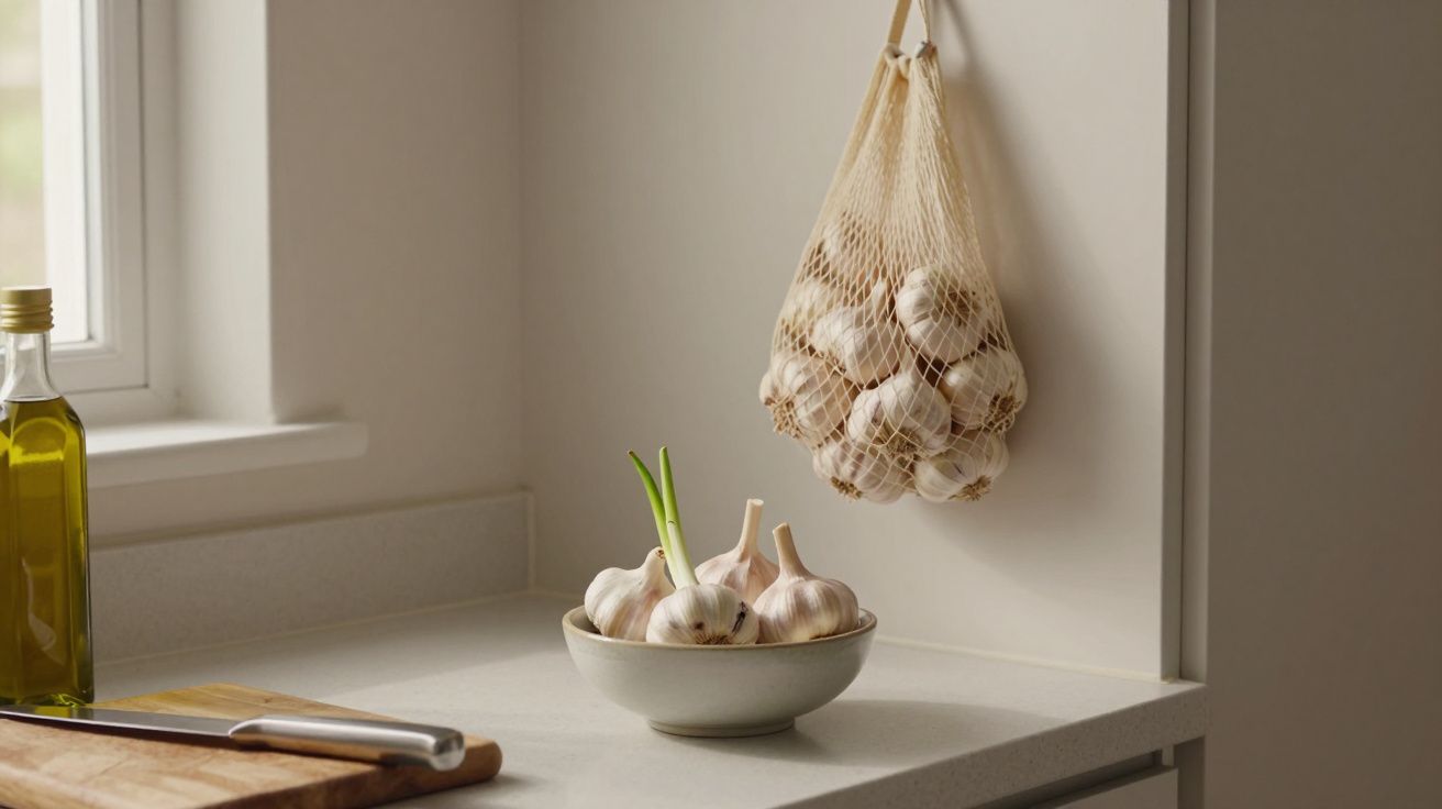 Bolsas de ajos colgando y un cuenco de ajos sobre una encimera junto a una botella de aceite y una tabla de cortar.