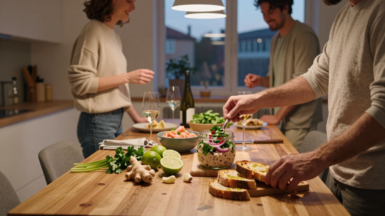 Personas preparando una comida en la cocina, con ingredientes frescos y pan sobre una mesa de madera.
