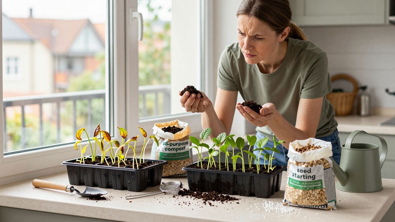 Mujer revisando plantas en macetas en una cocina, rodeada de tierra, utensilios de jardinería y bolsas de compost.