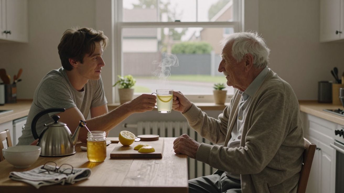 Joven y anciano brindan con tazas de té en una cocina luminosa, con limón y miel sobre la mesa.