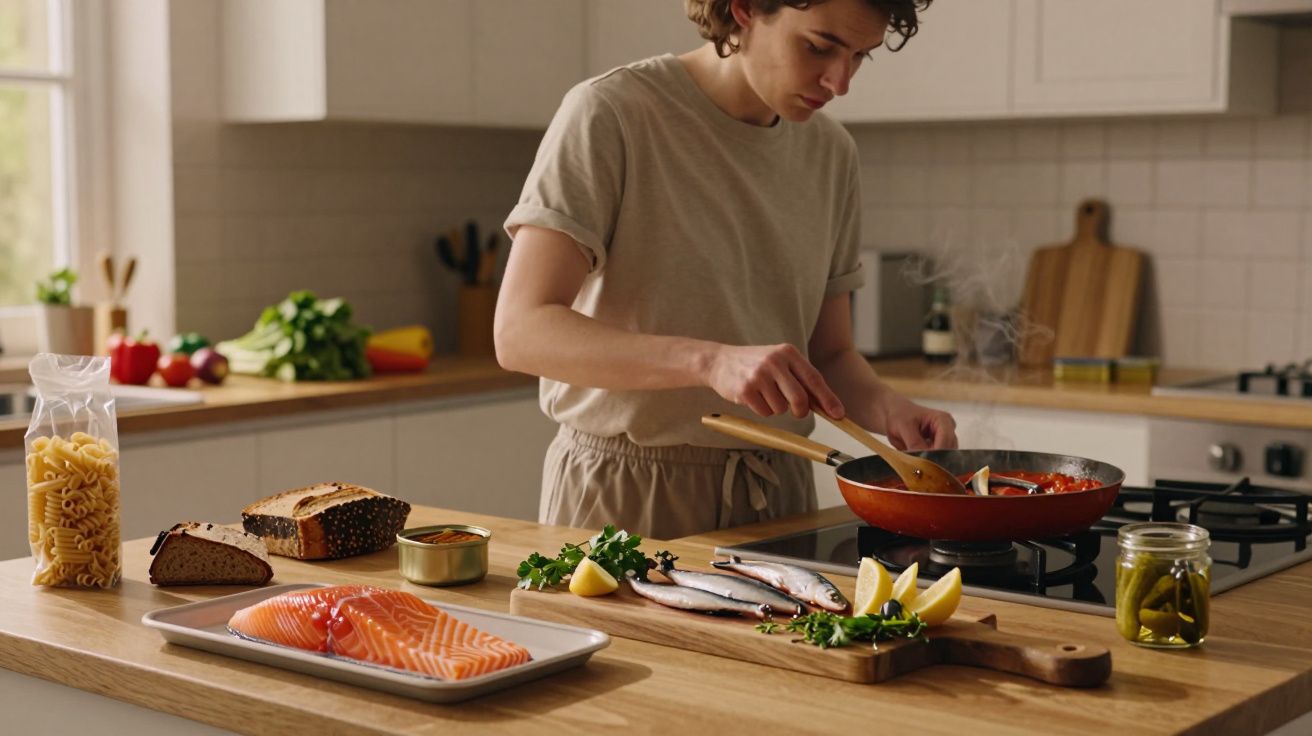 Persona cocinando en la cocina, ingredientes frescos en la encimera: salmón, pescado, pasta, pan y queso.