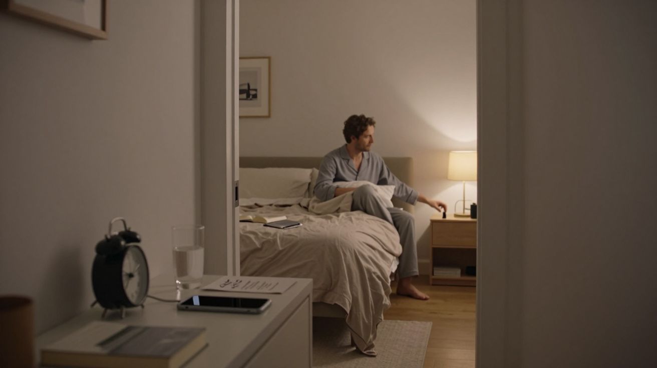 Hombre en pijama sentado en la cama de un dormitorio, encendiendo una lámpara de mesa junto a la mesilla de noche.