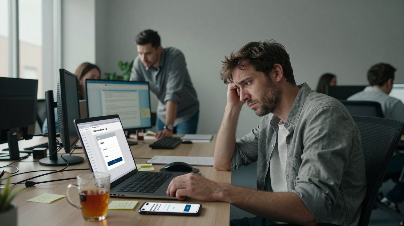 Hombre estresado en oficina con ordenador, móvil y té. Compañeros al fondo trabajando.