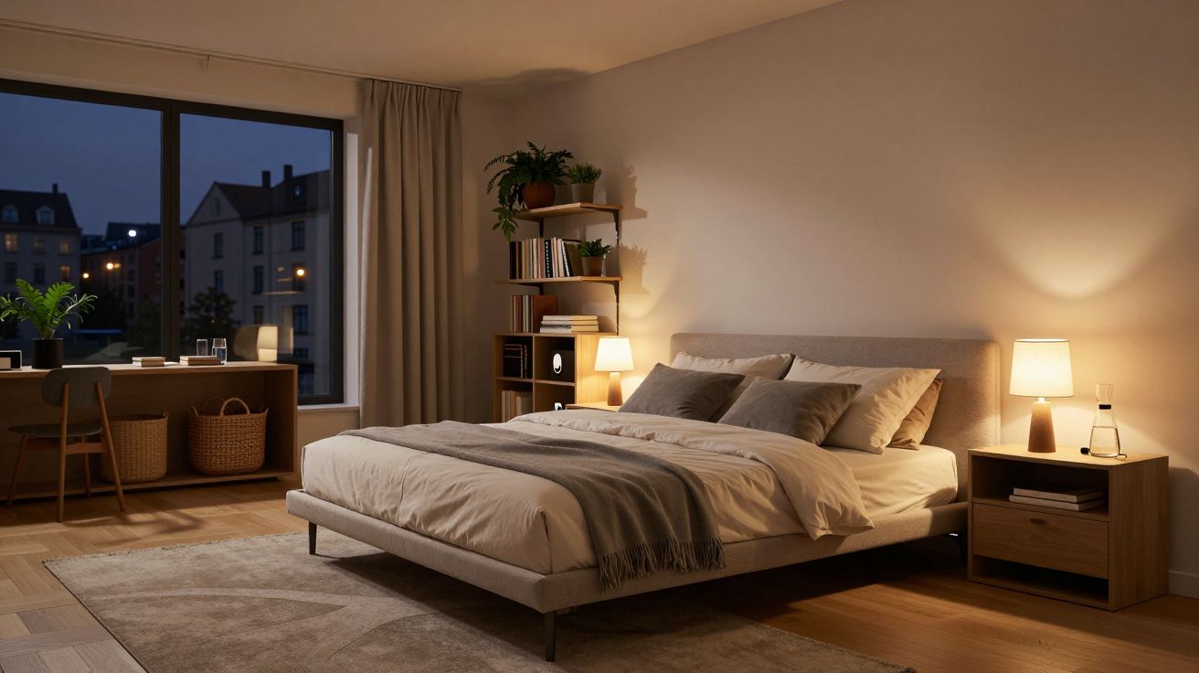 Dormitorio acogedor con cama doble, lámparas encendidas y amplia ventana con vista a edificios en la noche.