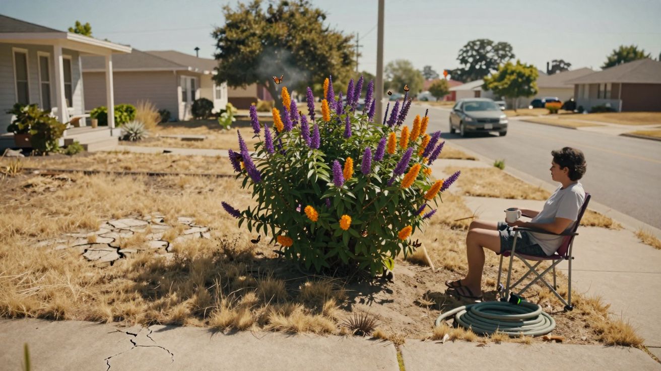 Persona sentada en silla plegable en jardín seco, junto a arbusto de flores moradas y naranjas, con coche al fondo.