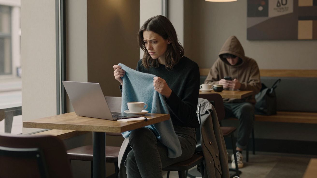 Mujer en una cafetería mirando su portátil con preocupación, sosteniendo una manta azul. Tras ella, un hombre con capucha.