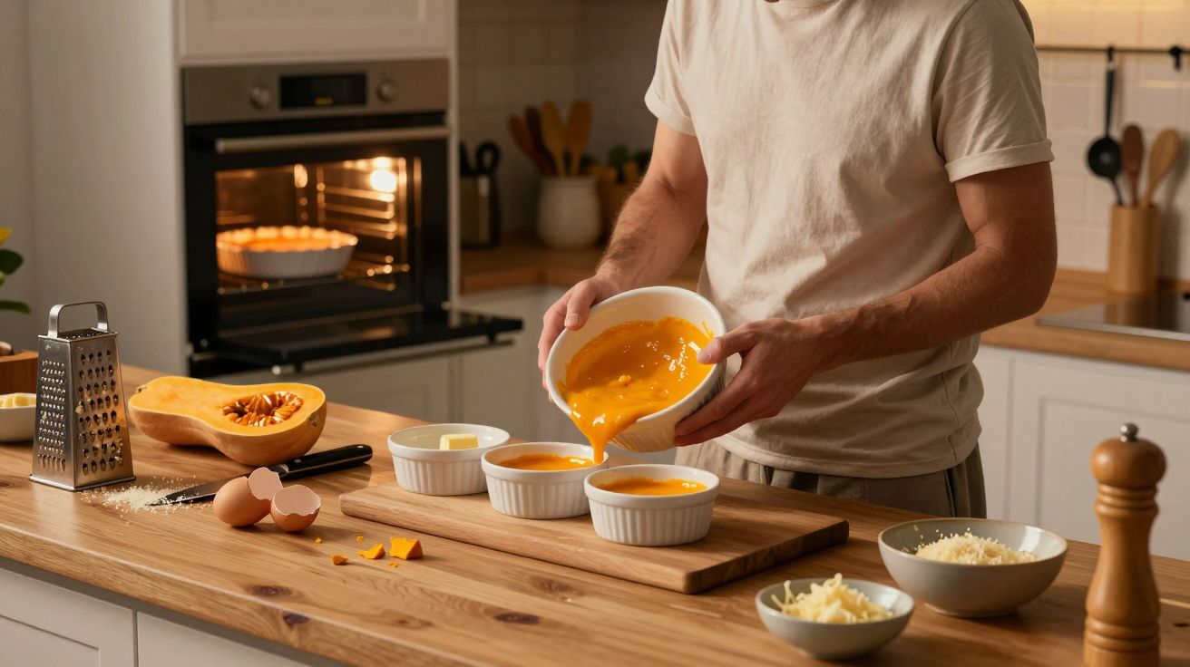 Persona vertiendo mezcla en moldes en una cocina, con ingredientes y horno activo al fondo.