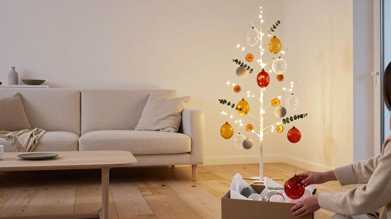 Sala moderna con árbol de Navidad blanco, decorado con luces y bolas de colores. Persona poniendo adornos desde una caja.