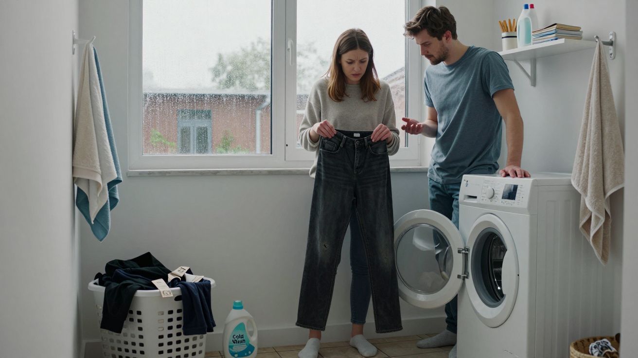 Pareja junto a una lavadora. Ella sostiene un pantalón y él señala en la pantalla de su móvil. Cesto y detergente cerca.