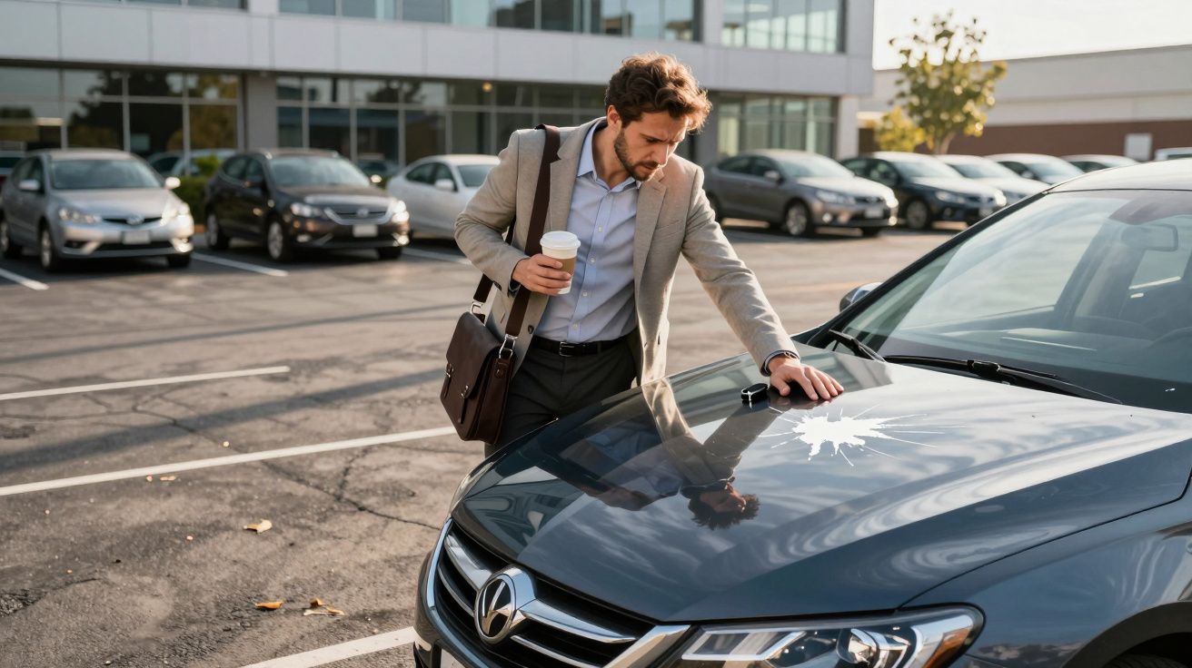 Hombre con café inspecciona mancha blanca en el capó de su coche en un aparcamiento.