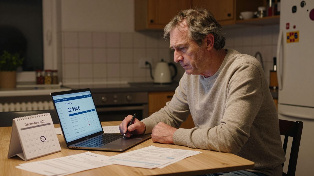 Hombre mayor revisando facturas en un portátil en la cocina, con un calendario y documentos sobre la mesa.