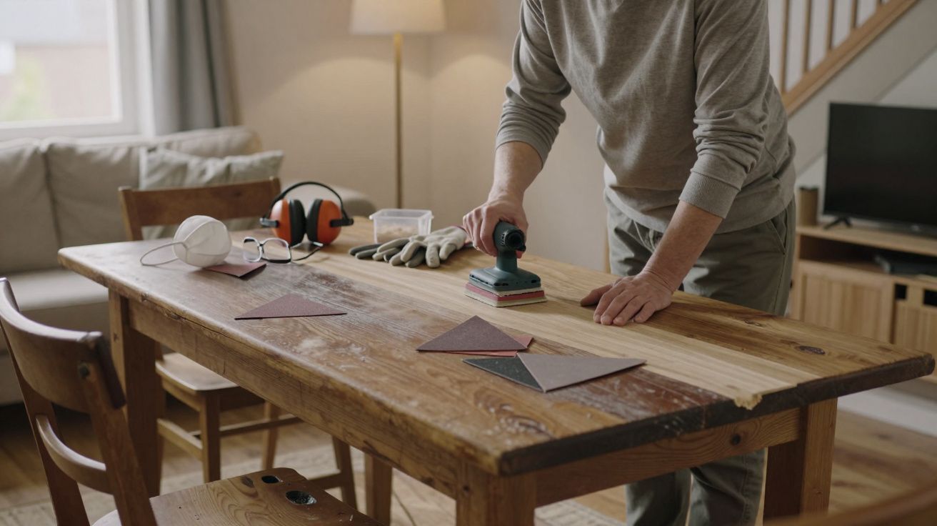 Persona lijando una mesa de madera en la sala de estar, con guantes y herramientas al fondo.