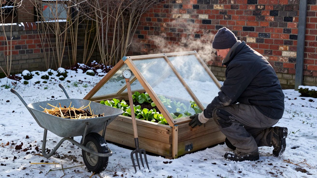 Un hombre con gorro ajusta un invernadero pequeño en un jardín nevado, junto a una carretilla y una horca.