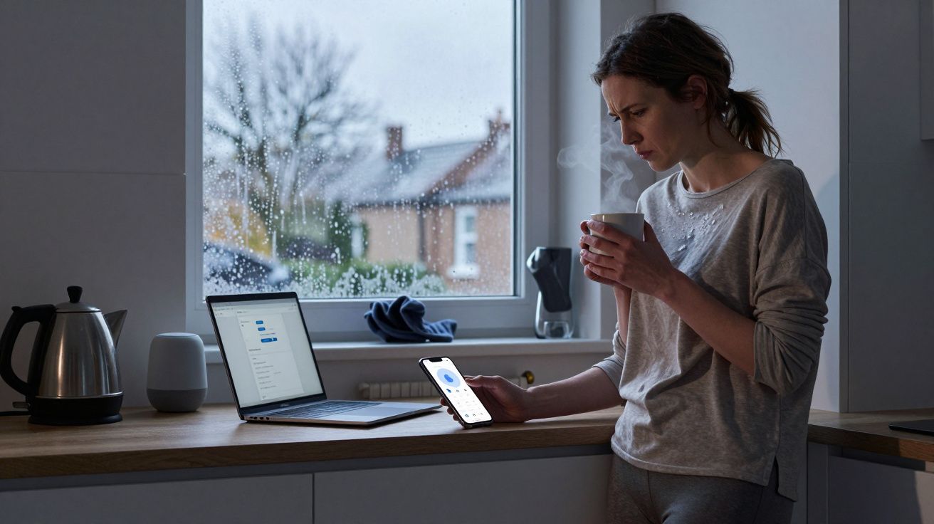Mujer bebiendo café junto a ventana lluviosa, mirando su móvil, con ordenador portátil y hervidor en la encimera.