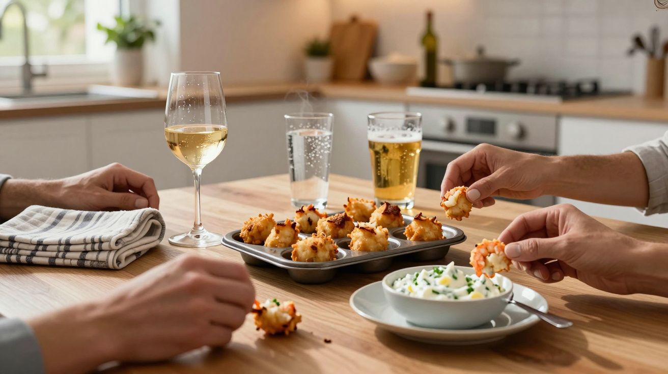 Tres personas compartiendo aperitivos y bebidas en una cocina moderna.