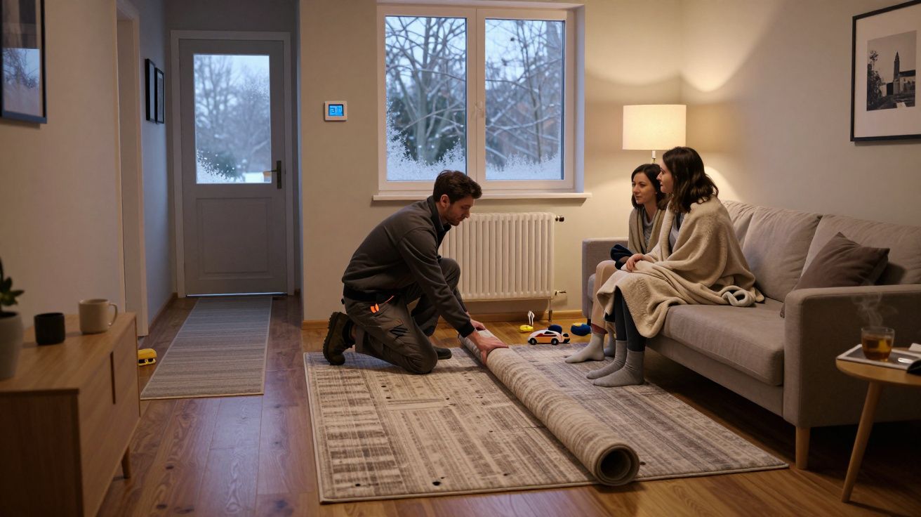 Hombre desenrollando alfombra en salón mientras dos mujeres en sofá observan, habitación iluminada con luz cálida.