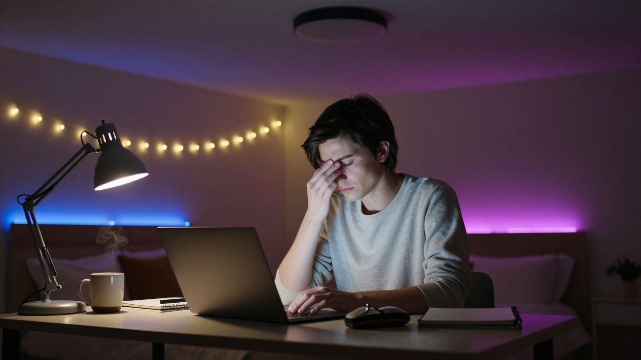Persona cansada frente a un portátil en habitación con luces ambientales, sujetando su cara con una mano.