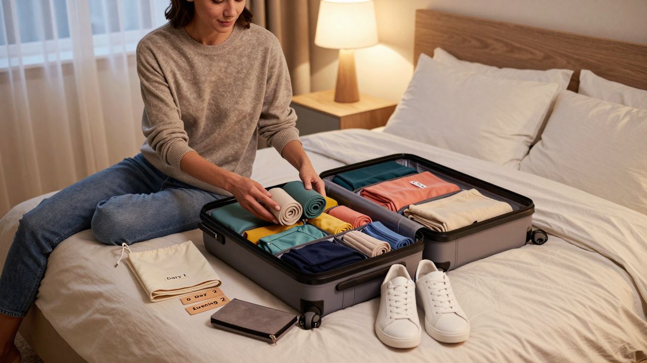Mujer organizando una maleta con ropa enrollada sobre una cama, junto a zapatillas blancas y bolsas etiquetadas.