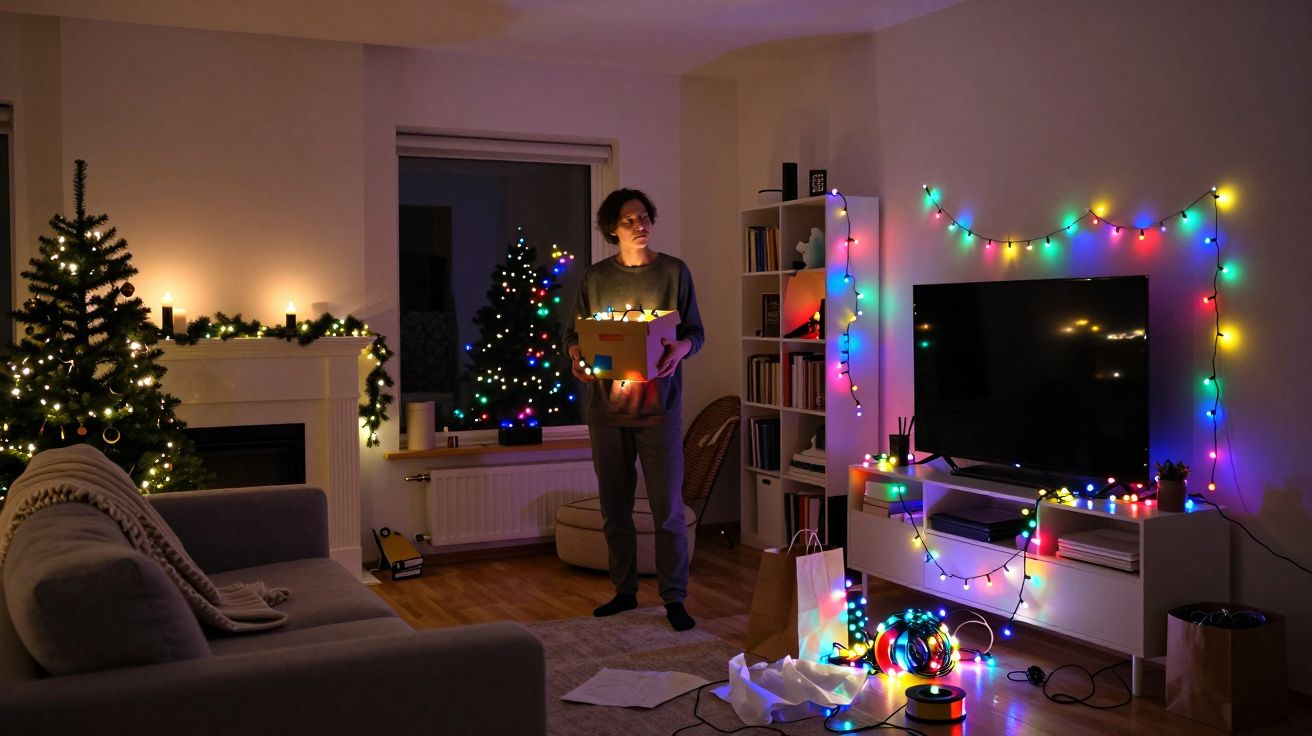 Hombre decorando salón con luces navideñas. Árbol y mueble de TV iluminados. Ambiente festivo y acogedor.