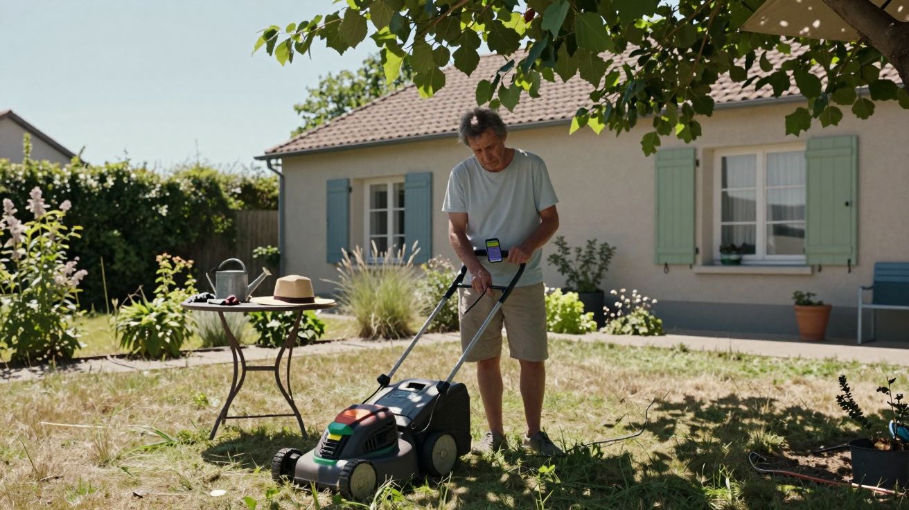 Hombre mayor cortando el césped en un jardín frente a una casa, con una mesa al lado y árboles alrededor.