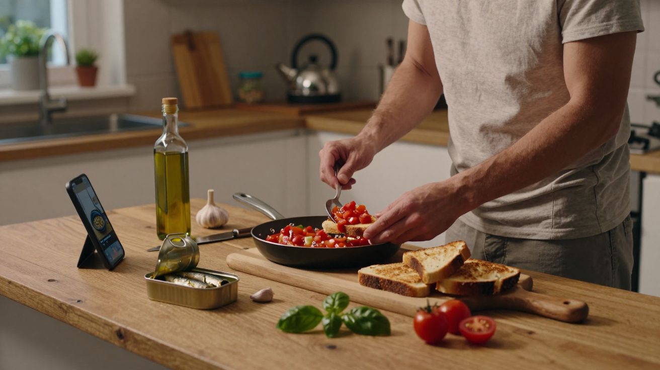 Persona cocinando tomate en sartén, con móvil, aceite y pan sobre la mesa de cocina.