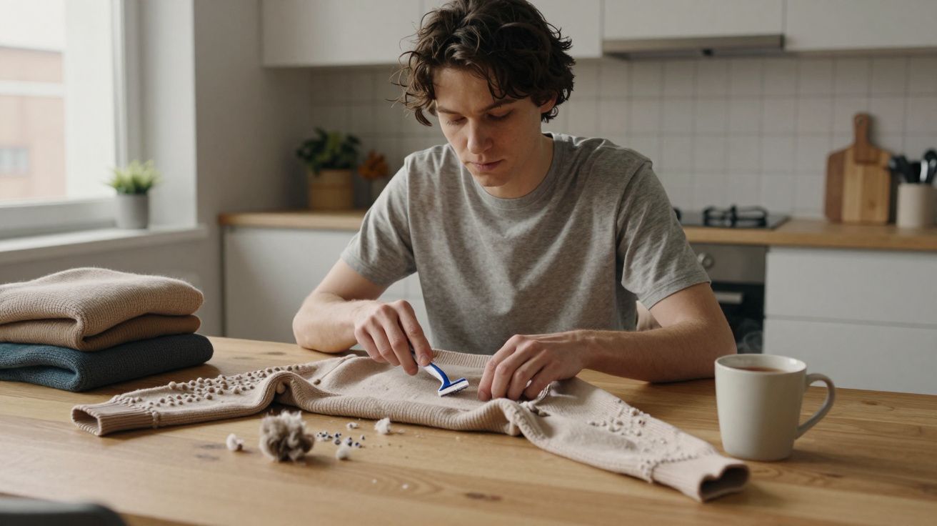 Hombre en cocina quitando bolitas de lana de un jersey con una cuchilla, junto a una taza y ropa doblada.