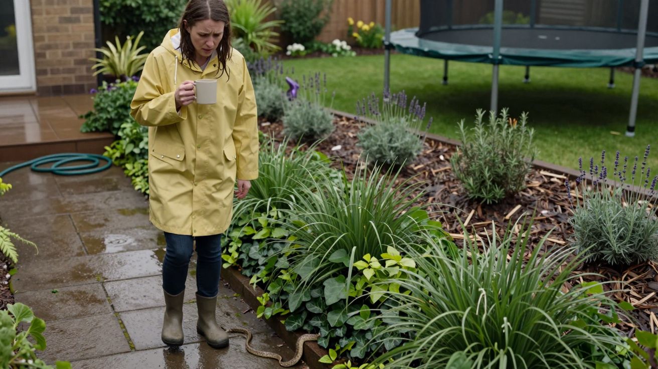Mujer con chubasquero amarillo observa una serpiente en el jardín, sosteniendo una taza, sobre un sendero mojado.
