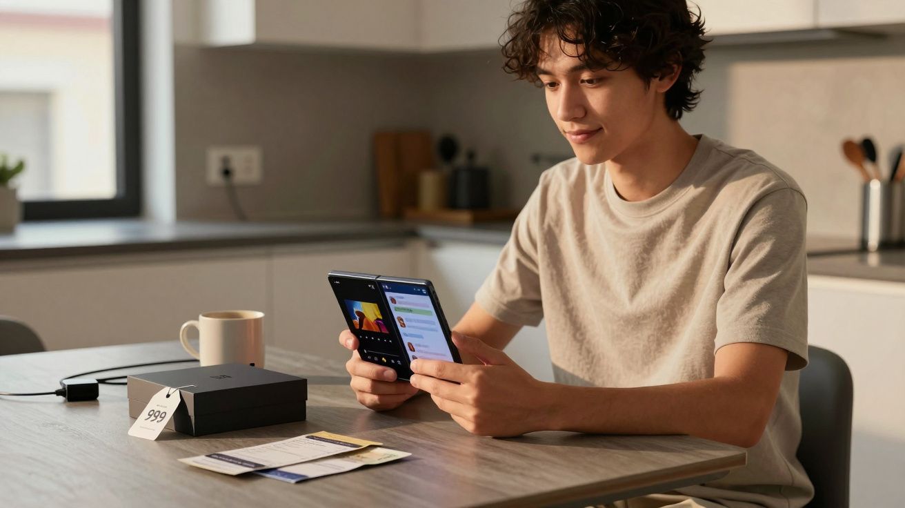 Persona usando un teléfono plegable en una cocina moderna, con una caja y papeles en la mesa.