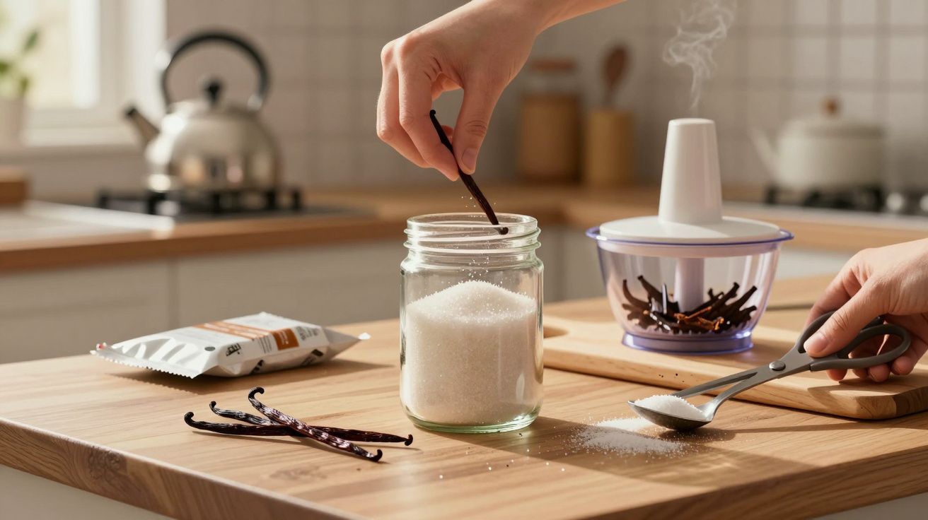 Manos colocando vaina de vainilla en tarro de azúcar sobre encimera de madera en cocina.
