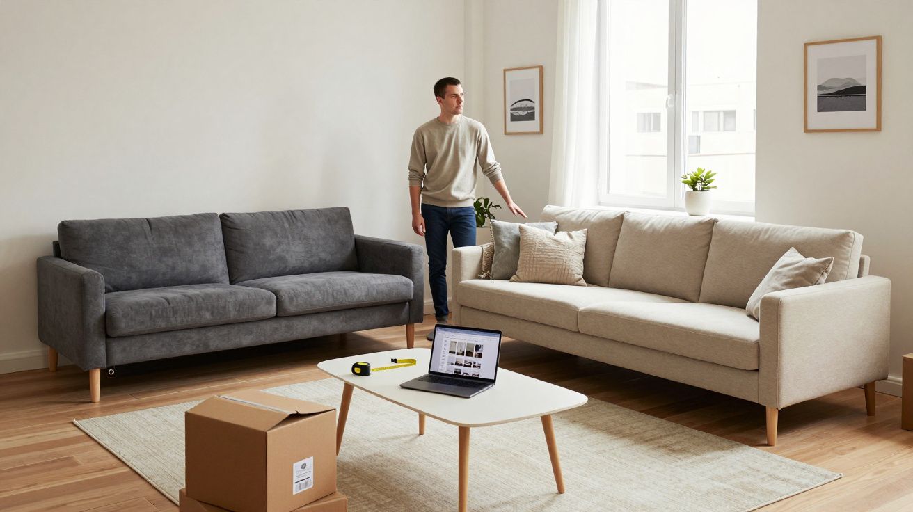 Hombre de pie en salón moderno con sofá beige y gris, mesa blanca, portátil y cajas. Luz natural entra por la ventana.