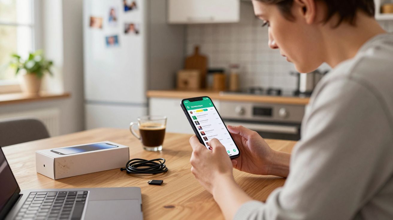 Persona usando un smartphone en la cocina, con portátil, caja y café sobre la mesa.