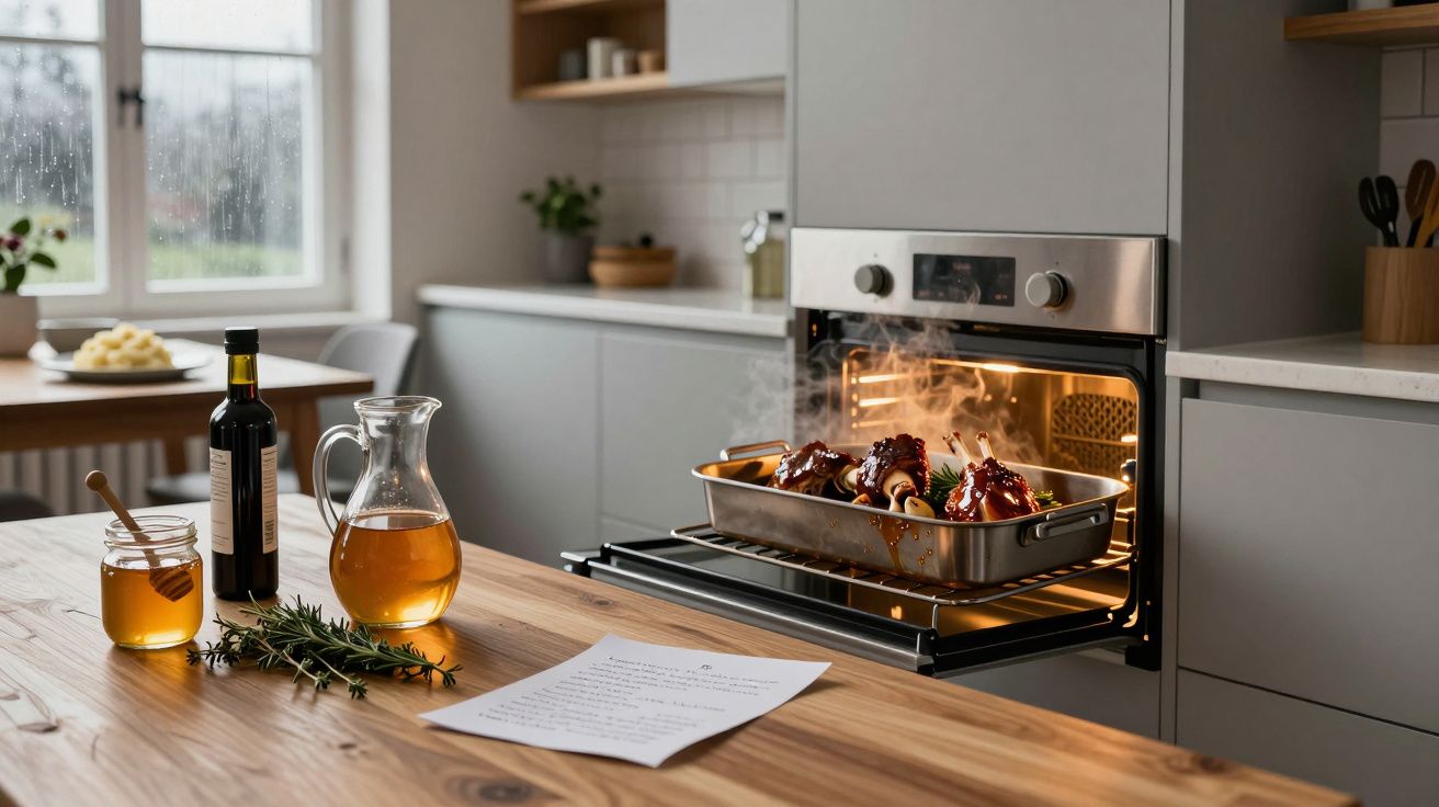 Cocina moderna con asado humeante en el horno, mesa de madera con jarra de líquido ámbar y botella de vino.