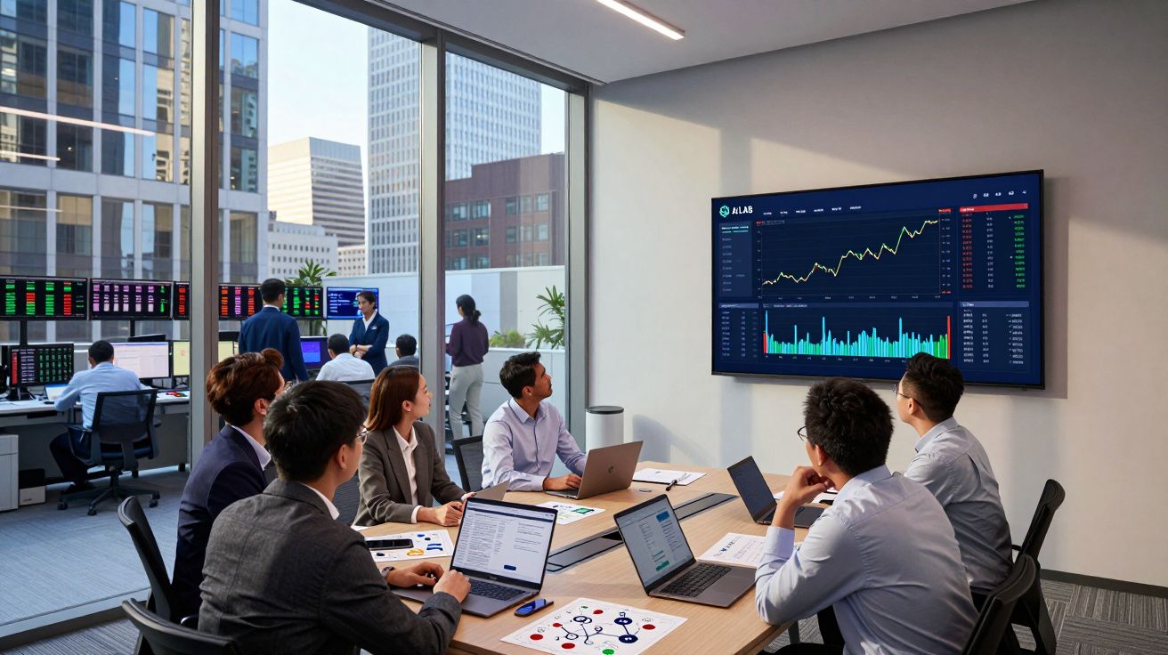 Personas en sala de reuniones observando gráficos financieros en una pantalla, con oficinas y ciudad al fondo.
