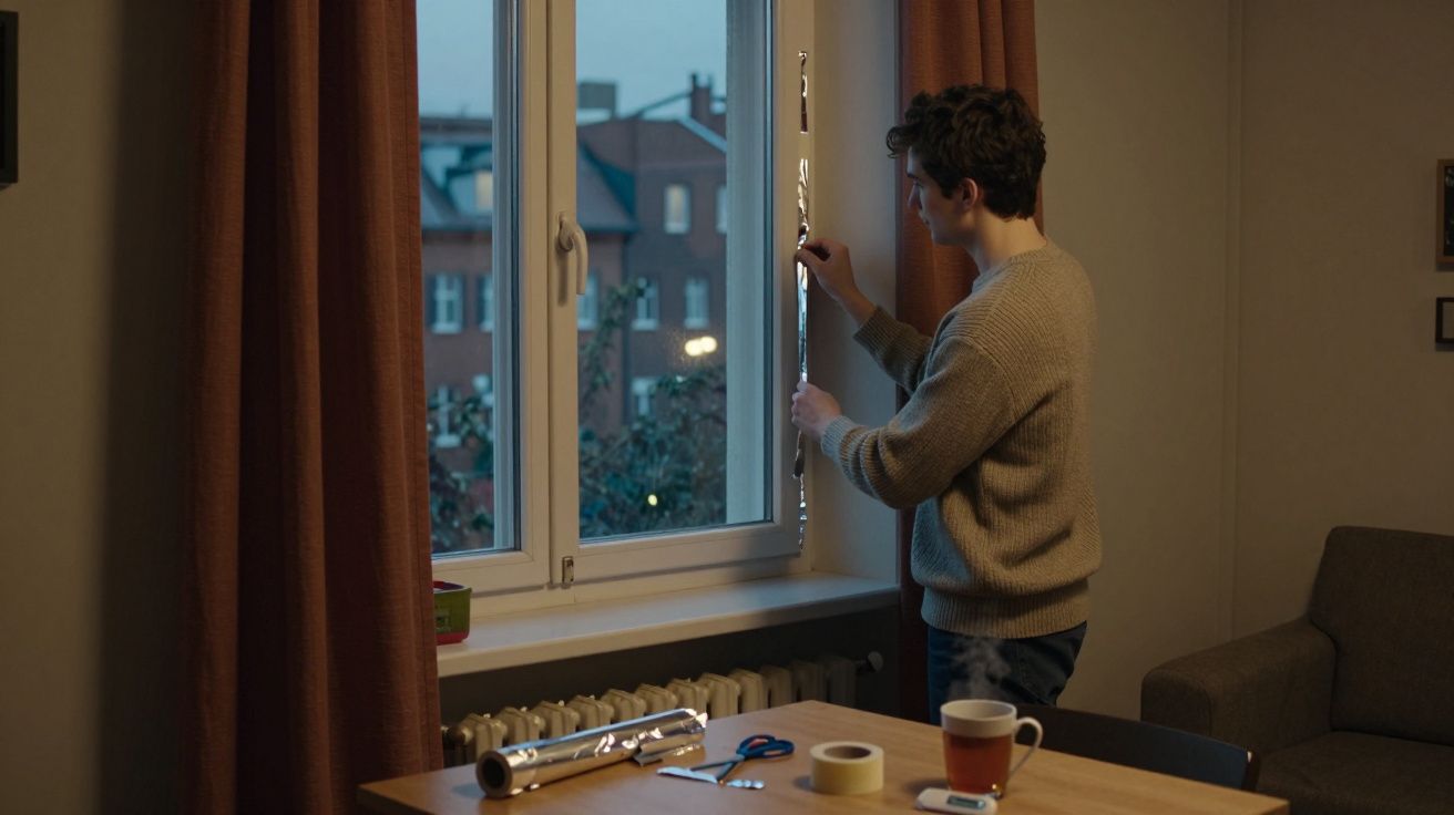 Hombre colocando papel de aluminio en la ventana junto a una mesa con cinta, tijeras y una taza de té.