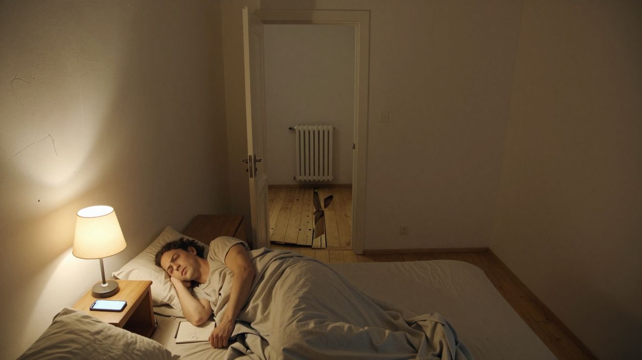 Persona durmiendo en una cama junto a una lámpara encendida, con un pasillo visible a través de una puerta abierta.