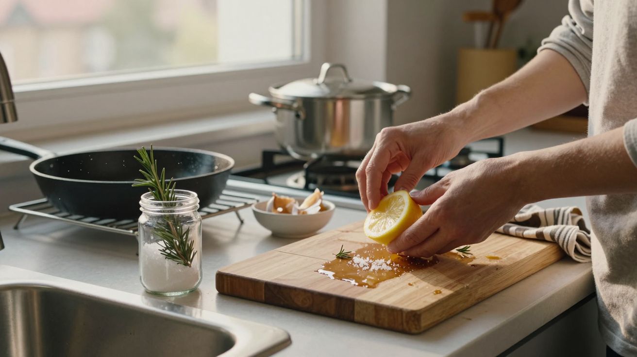 Manos exprimiendo limón sobre tabla de cortar en cocina, con sartén y olla en segundo plano.