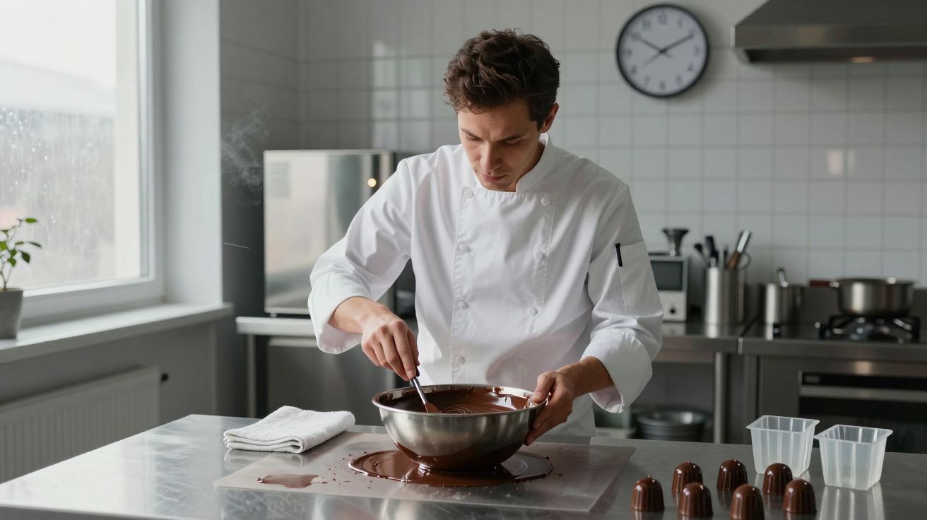 Chef en cocina profesional mezclando chocolate en un bol grande sobre una mesa de acero inoxidable.