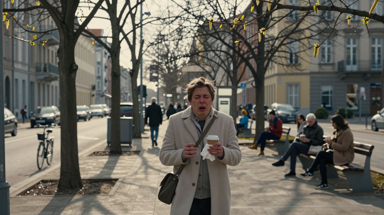 Hombre caminando por la calle con abrigo beige, sosteniendo café, árboles con brotes y personas sentadas en bancos al fondo.