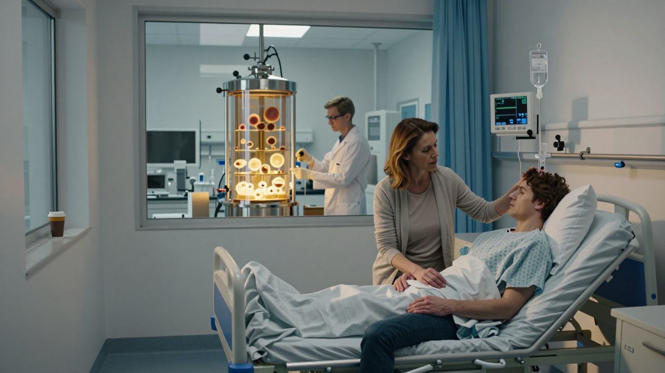 Mujer cuida a joven en cama hospitalaria; al fondo, médico trabaja con equipo especializado en laboratorio.