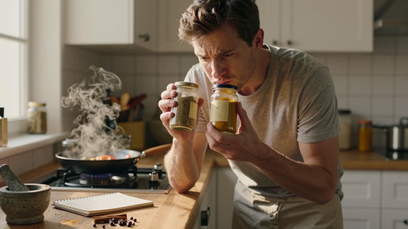 Hombre en la cocina, sosteniendo frascos de especias, frente a sartén humeante sobre la estufa.