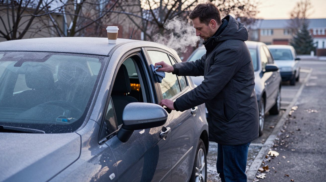 Hombre limpiando la ventanilla de su coche congelado en invierno. Una taza de café está sobre el coche.