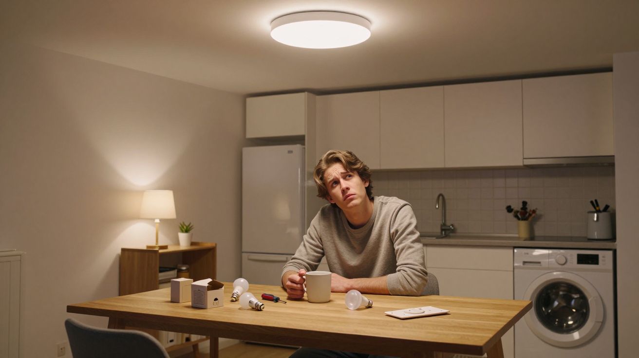 Persona pensativa en cocina moderna, sentada a mesa con bombillas, lámpara encendida y electrodomésticos al fondo.